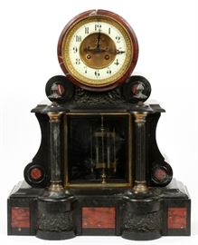 #1076 - FRENCH MARBLE MANTEL CLOCK, 19TH C., H 18 1/2", W 15", D 6 1/2"