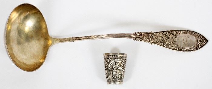 #1086 - WHITING MFG. CO. 'ARABESQUE' SILVER AND SILVER GILT LADLE & PERSIAN COIN TUMBLER, H 1 7/8", L 12 3/8"