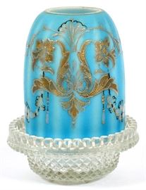 #1096 - BLUE ENAMELED SATIN GLASS FAIRY LAMP, H 5 1/2", DIA 4"