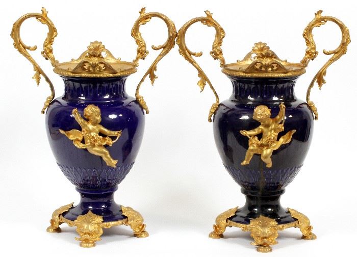 #2053 - FRENCH, COBALT BLUE PORCELAIN AND BRONZE URNS, PAIR, H 18", W 12 1/2"