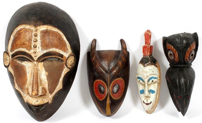 #2322 - AFRICAN AND INDONESIAN CARVED WOOD MASKS, FOUR, H 11"-15"