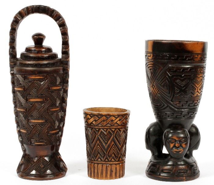 #2323 - CARVED HARDWOOD CUP & CHALICE, 20TH C., 3 PIECES