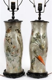 #2425 - ENGLISH SILVERED GLASS DECOUPAGE LAMPS PAIR H 29"