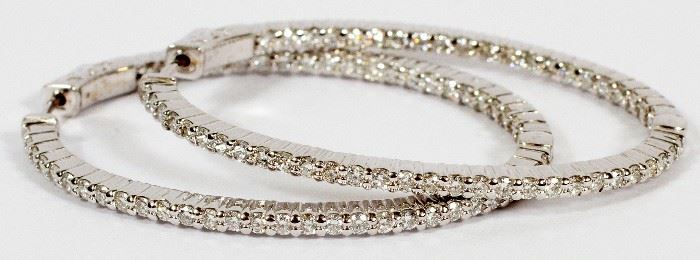 #1041 - 2.50CT DIAMOND AND 14KT WHITE GOLD ELONGATED HOOP EARRINGS, PAIR, H 1 3/4", W 1 3/8"