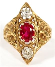 #1135 - .50CT DIAMOND AND 2CT RED STONE RING, SIZE 6.5