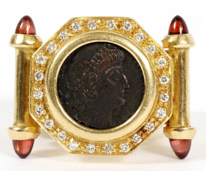 #1134 - ANCIENT COIN AND .33CT DIAMOND FLEXIBLE RING, SIZE 8