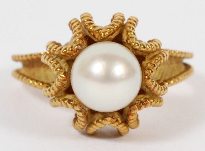 #1167 - LEAF STYLE 18KT YELLOW GOLD & PEARL RING, SIZE 7.25