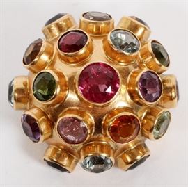 #1294 - 18KT YELLOW GOLD AND GEMSTONE BROOCH, DIA 7/8"