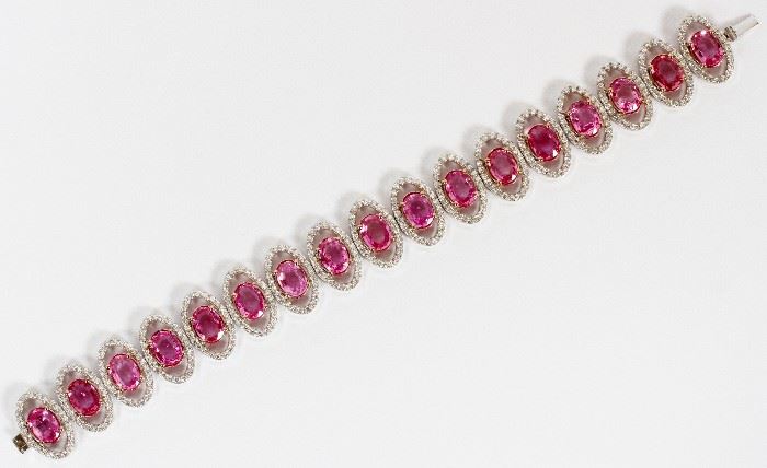 #2073 - 23.35CT NATURAL PINK SAPPHIRE AND 4.12CT DIAMOND BRACELET, L 7"