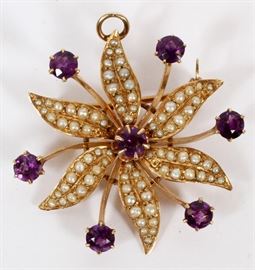 #2099 - 14 KT GOLD WITH AMETHYST AND SEED PEARL FLOWER PIN, LAVALIER