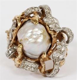 #2108 - 18KT GOLD, DIAMONDS AND PEARL RING, SIZE 5.25 TW. 17.1 GR.
