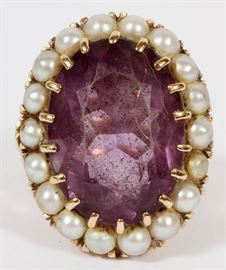 #2110 - 11 CT OVAL AMETHYST & SEED  PEARLS 14 KT GOLD RING, SIZE 5.75 TW. 13.74 GR.