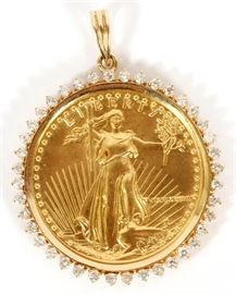 #2189 - 1988 US LIBERTY 50 DOLLAR GOLD COIN AND DIAMOND PENDANT, DIA 1 3/8"