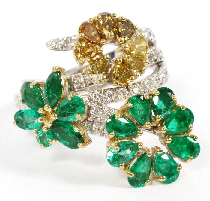 #2190 - 2.6CT NATURAL EMERALD & 1.06CT FANCY YELLOW BROWN DIAMOND FLORAL CLUSTER RING, SIZE 7.5