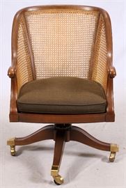 #27 - BAKER FURNITURE, WALNUT AND CANE TUB, SWIVEL OFFICE CHAIR, H 34", W 23", D 22"