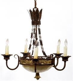 #42 - REGENCY STYLE 8 LIGHT GILT AND PAINTED METAL CHANDELIER H 30", DIA 25"