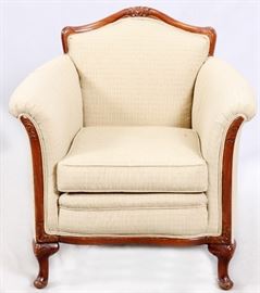 #146 - LOUIS XV-STYLE UPHOLSTERED ARM CHAIR, 20TH C., H 33", W 32", D 31"