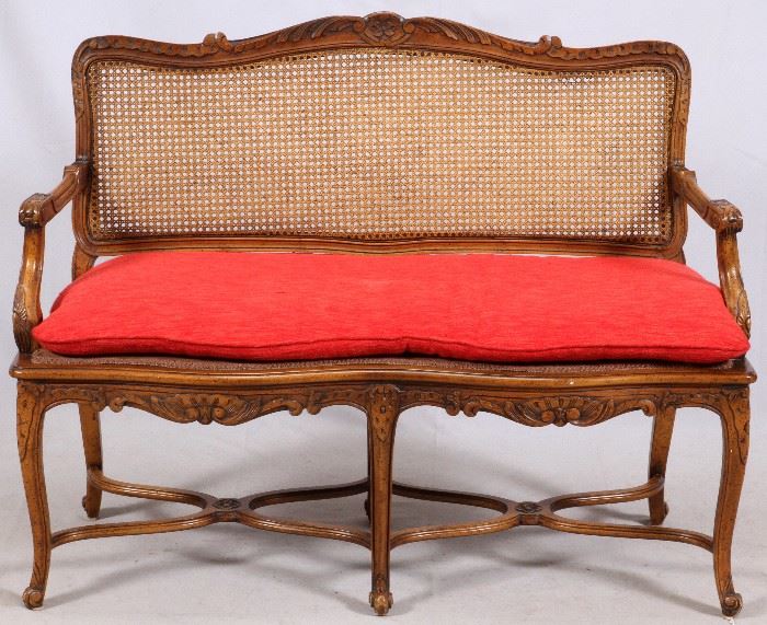 #144 - LOUIS XV STYLE, CARVED WALNUT SETTEE, H 38", L 48"