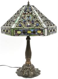 #1020 - JEWELED ART GLASS TABLE LAMP, H 23", W 18"