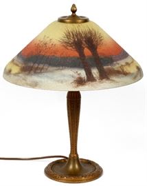 #1021 - JEFFERSON SIGNED REVERSE PAINTED TWO-LIGHT LAMP, H 23", DIA 18"