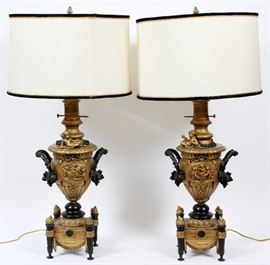#1022 - EDWARDIAN BAROQUE STYLE CAST METAL TABLE LAMPS, PAIR, H 24 1/4''