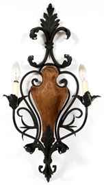 #1027 - ITALIAN TWO-LIGHT WOOD AND IRON WALL SCONCE, H 27", W 14"