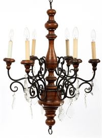 #1028 - ITALIAN SIX-LIGHT WOOD AND WROUGHT IRON CHANDELIER, H 30", DIA 20"