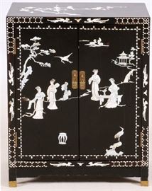 #1048 - CHINESE BLACK LACQUER & INLAID CABINET, 20TH C., H 29 1/2", W 23", D 11"
