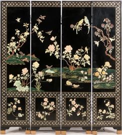 #1047 - CHINESE BLACK LACQUER & HARDSTONE INSET FOUR PANEL SCREEN, 20TH C., H 33 1/2", W 80"