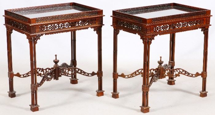 #1056 - CHIPPENDALE STYLE MAHOGANY END TABLES, PAIR, H 26.5", W 24", L 17"