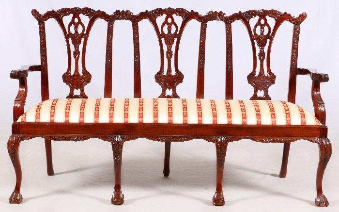 #1058 - CHIPPENDALE TRIPLE CHAIR BACK MAHOGANY SETTEE, H 40", L 68"