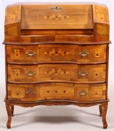 #1059 - LOUIS XV-STYLE INLAID FRUITWOOD SLANT FRONT WRITING DESK, 20TH C., H 40", W 34"