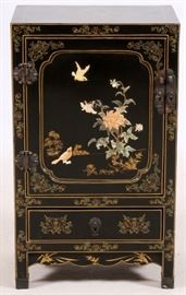 #1206 - CHINESE BLACK LACQUER & HARDSTONE INSET CABINET, 20TH C., H 33 1/2", W 20", D 13"