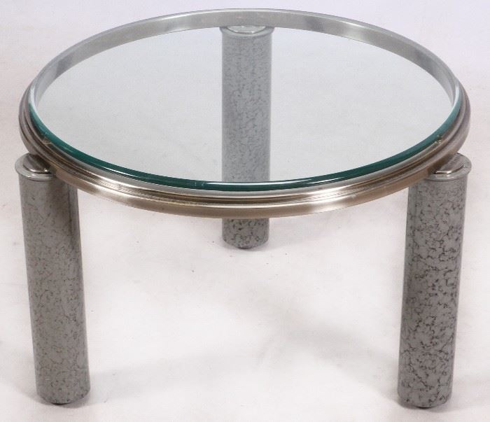 #1316 - MID CENTURY CHROME AND GLASS TOP ROUND TABLE, H 16", DIA 23"