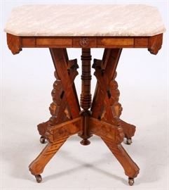 #1432 - MARBLE TOP WALNUT PARLOR TABLE, CIRCA 1880, H 29", L 28", D 20"