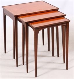 #1442 - BAKER LEATHER TOP NESTING TABLES, 20TH C., 3 PCS., H 23"-25", W 17"-22 1/2"