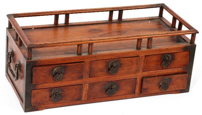 #2368 - SIX DRAWER ROSEWOOD PORTABLE TABLE TOP CHEST WITH IRON HANDLES, H 7" W 8", L 18"