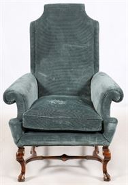 #2417 - UPHOLSTERED MAHOGANY ARM CHAIR, H 47", L 36"