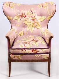 #2418 - MAHOGANY UPHOLSTERED ARMCHAIR, H 42", L 30"