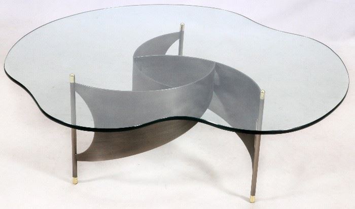 #2419 - CONTEMPORARY IRREGULAR SHAPED GLASS & STEEL COFFEE TABLE, H 16", W 43", L 44"