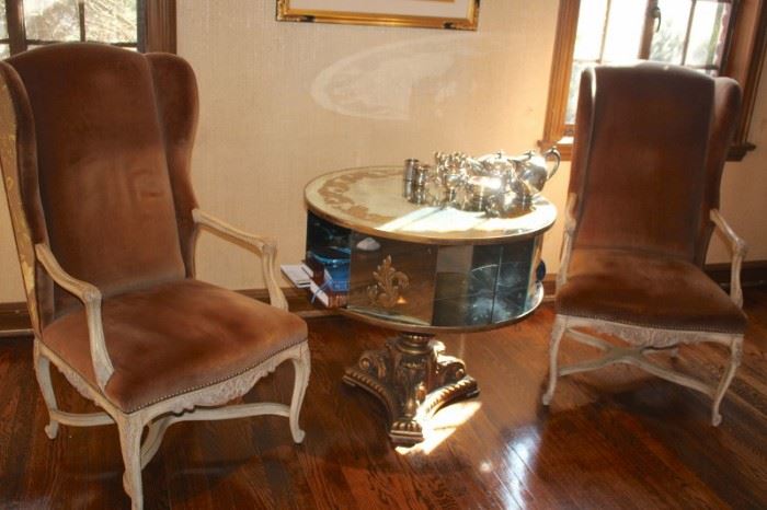 Pair of Wing Chairs and 50's Mirrored Drum/Bookcase Table