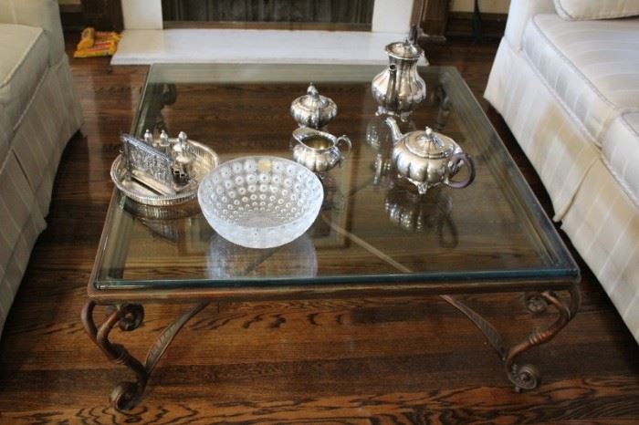 Square Metal & Glass Coffee Table with Decorative Serving Pieces
