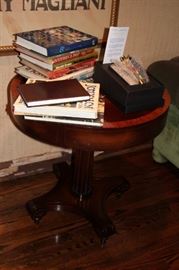Wood Round Side Table and Books