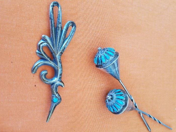 Very  Rare and Unique Turquoise and Silver Hair Ornaments. Southwestern Bird Pin