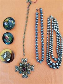 Hand Painted Pins, great Vintage Necklace, and other Vintage Silver Necklaces. 