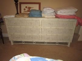 Wicker bedroom suite includes Queen bed frame, dresser, chest of drawers, and 2 nightstands