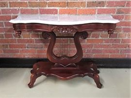 MAHOGANNY LYRE MARBLE TOPPED ORNATELY CARVED HALL TABLE