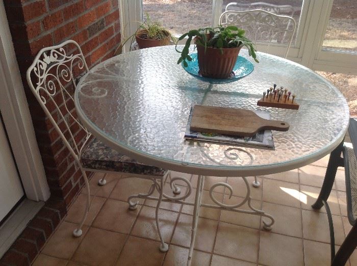 Glass Top Table with Metal Base $ 80.00 - Metal Garden Chair $ 50.00 each (2 available)