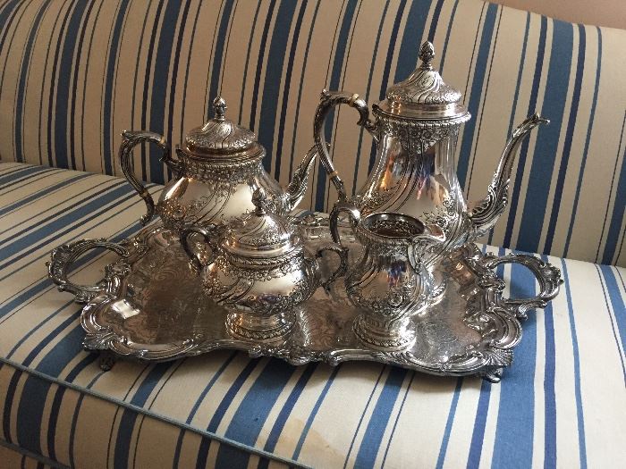 Reed & Barton "Devonshire" Hand Chased Sterling Silver Coffee/Tea Service and a silver plate waiter