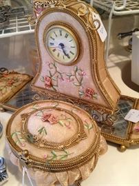 Clock, mirror, and lidded box vanity set